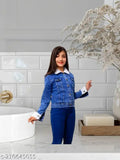 Blue denim jacket for kids, solid pattern, long sleeves, size suitable for girls