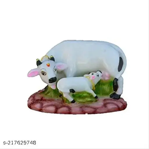 Polyresin Kamdhenu Cow and Calf Statue from Haridwar, 12cm x 10cm x 7cm, decorative spiritual showpiece idol for fulfilling desires