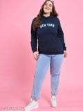 Navy blue fleece long-sleeve printed solid sweatshirt for women with a wide range of sizes (XXXL - 7XL), showcasing a unique pattern on the front