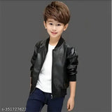Boys leather biker bomber jacket with faux fur inside, durable and stylish for kids. Solid design, rib-knit details, zipper, pockets. PU sleeves, suitable for colder weather. Available in multiple sizes from 1-2 years to 12-13 years. Made in India