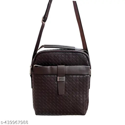 Canvas and leather crossbody sling bag with adjustable strap, ideal for travel and daily use. Stylish office bag, perfect for men and women, featuring textured net pattern