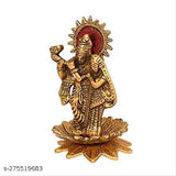 Gold-plated Radha Krishna idol standing on lotus flower with flute, Indian home decor showpiece (medium), 8cm x 7cm x 13.5cm