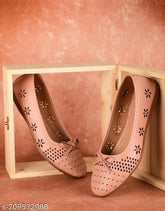 Baby Pink synthetic leather lasercut Veille Bellies flats for formal & casual wear, offering soft cushioned comfort & elevated style