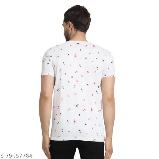 White cotton round-sleeve t-shirt by Vimal Jonney, printed pattern on front, perfect for casual wear