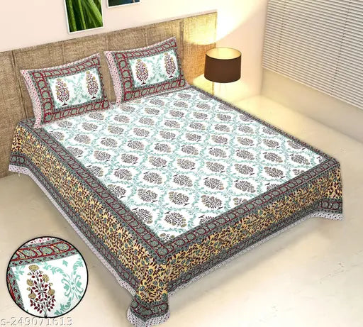 Brown cotton botanical print king size bedsheet with two pillow covers, ideal for summer