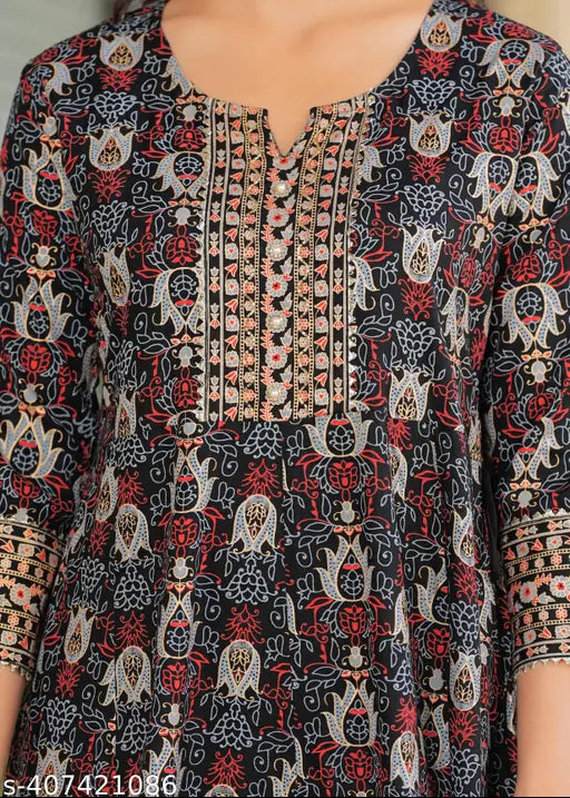 Rayon printed embroidery anarkali kurti for women, three-quarter sleeves, self-design, Indian origin