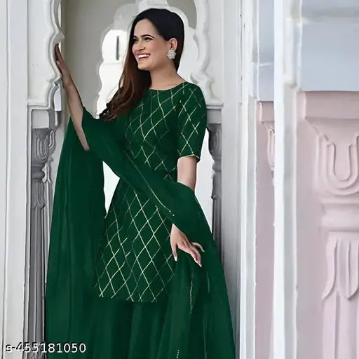 Rayon kurta set with sharara and dupatta, three-quarter sleeves, V-neck, solid pattern, ideal for ethnic occasions