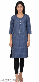 Dark blue woolen kurti with three-quarter sleeves and checked pattern, suitable for women or girls. Indian ethnic wear