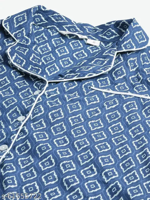 Divena indigo printed cotton nightsuit, 100% cotton, collared neck, side slit, vibrant yellow color, summer/winter nightwear, made in India