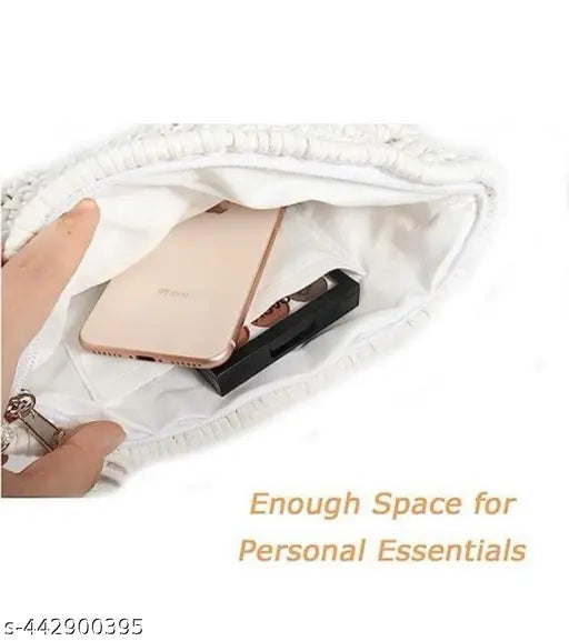 Natural cotton dori macrame cross bag, perfect for beach or casual outings, features single compartment and zip closure