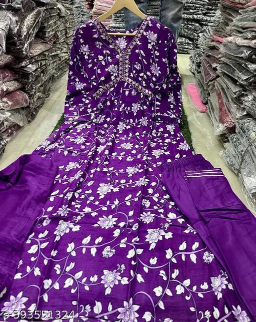 Purple Rayon Aliya Cut Kurta Set with dupatta and bottomwear, printed, stitched net, three-quarter sleeves. Sizes available: S, M, L, XL, XXL (India origin)