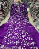 Purple Rayon Aliya Cut Kurta Set with dupatta and bottomwear, printed, stitched net, three-quarter sleeves. Sizes available: S, M, L, XL, XXL (India origin)