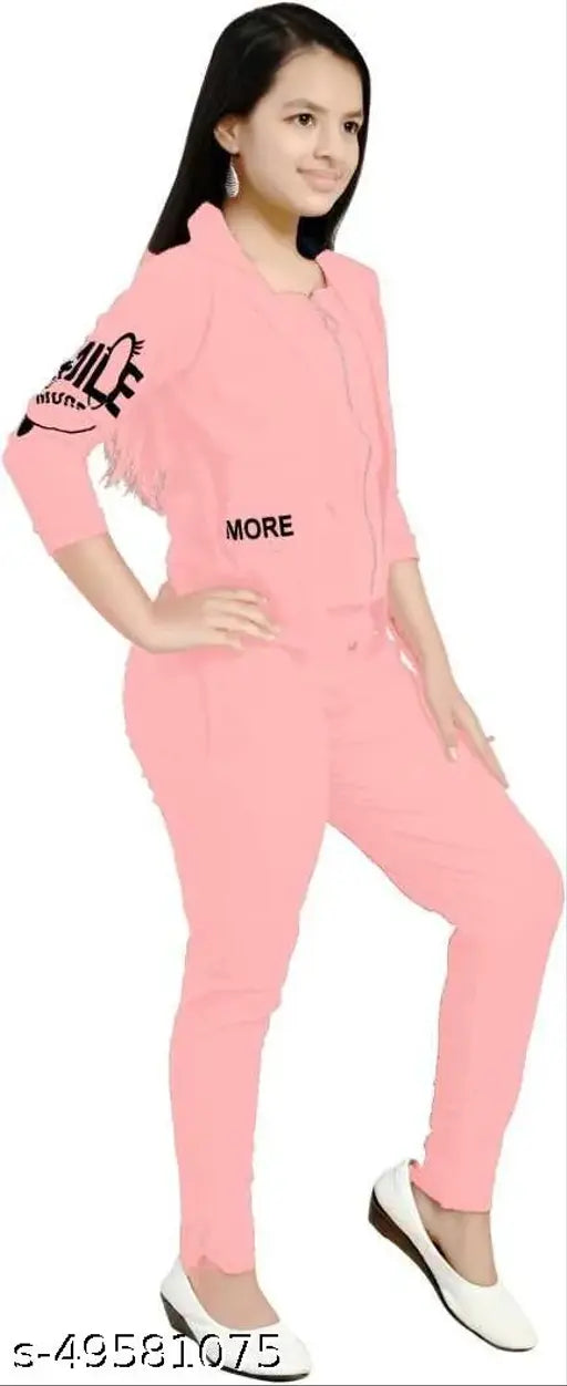 Pink cotton blend girls' dress set (4-15 years), featuring printed tops and solid bottoms with three-quarter sleeves, includes jackets. Indian-made two-piece sets for parties and casual occasions