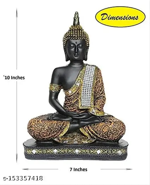 Resin figurine, standard-size meditating orange Buddha statue for home decor (Living Room/Bedroom), India origin