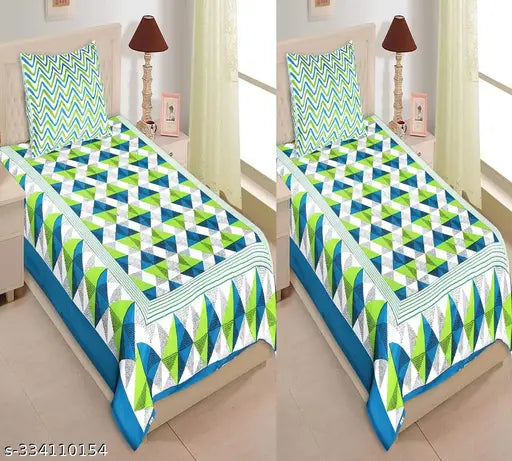 Soft cotton Jaipuri bedsheets combo pack (2), ideal for summer, features geometric print and 2 pillow covers