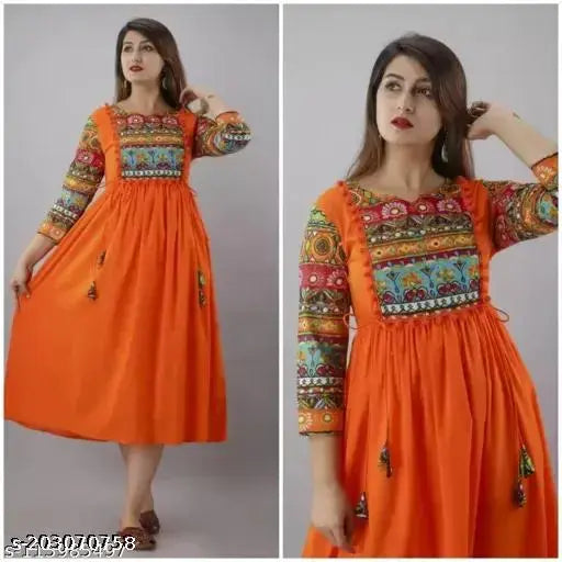 Rayon A line printed Anarkali kurti, solid three-quarter sleeve women's fashion in vibrant print, made in India