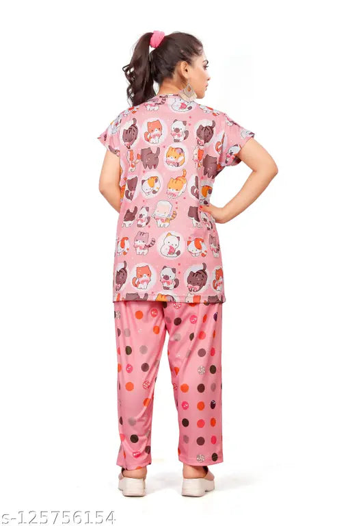Multi-color digital print polyester top & pyjama set, cool relaxed style for women