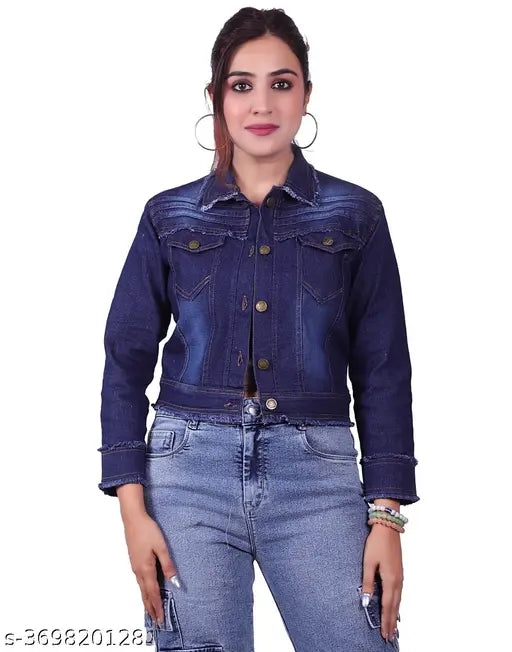 Dark blue denim women's jacket, trendy solid 3-patti design, machine washable, sturdy & durable, suits any season or outfit, made in India