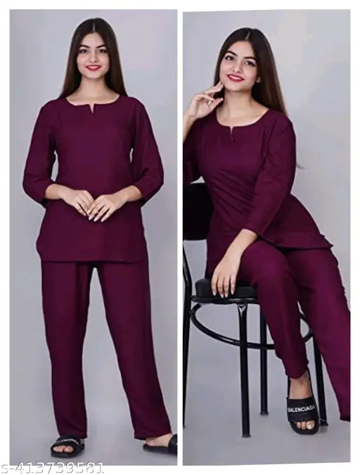 Wine rayon printed night suit set for women and girls, soft, breathable, comfortable pyjamas