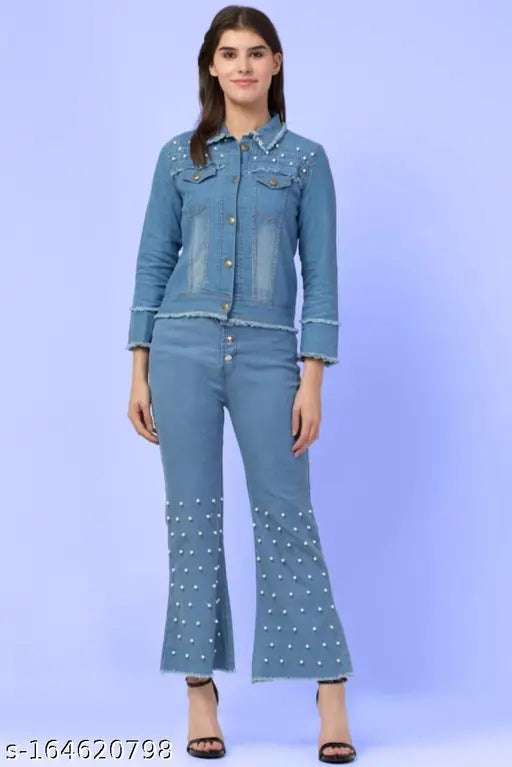 Women's solid denim jacket with matching jeans on a clothing rack, size S (bust 36in, length 21in), made in India