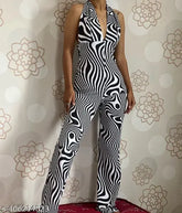 TANDUL animal print women's lycra jumpsuit, sleeveless with net pattern on display