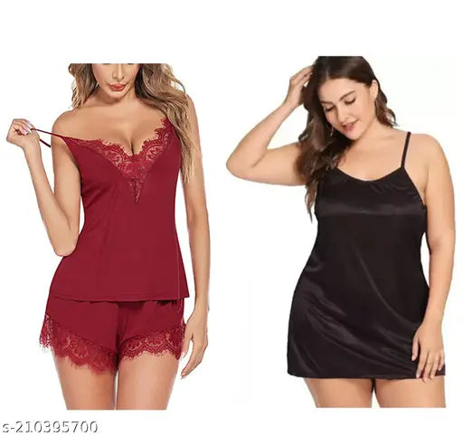 Women's trendy stylish hot & sexy baby doll dresses free size 28-36 inch, solid net night suit with spaghetti top and shorts