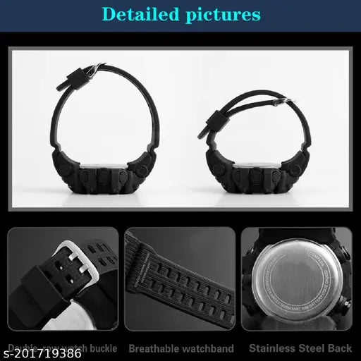 Black shockproof, multi-functional digital sports watch with premium PU strap for men's and boys, featuring a round case shape and classic design
