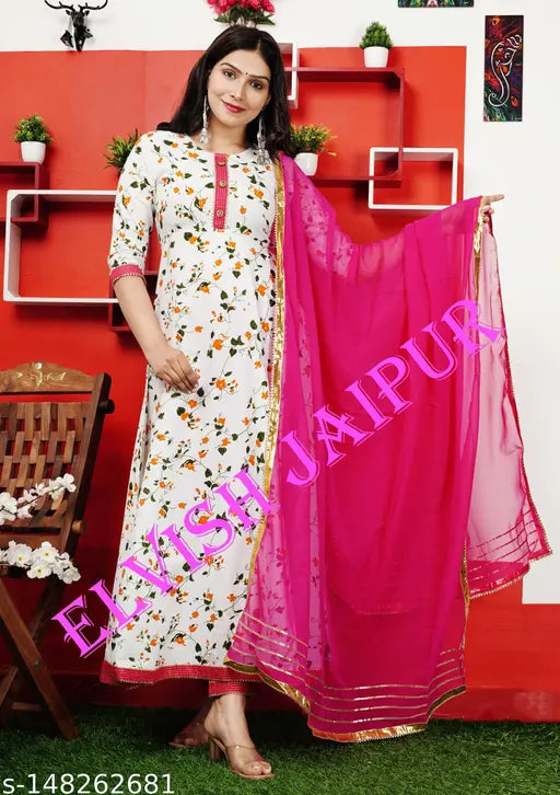 Elvish Jaipur women's cotton kurti and dupatta set, three-quarter sleeves, printed net pattern, round neck, embroidered work, all-season rayon fabric