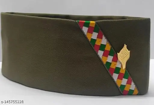 Army Color Cotton Flat Cap, Pahadi Modi Topi - Brahmakamal Topi Uttrakhand Cap in solid pattern, traditional Indian headwear on display