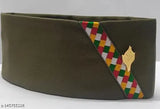 Army Color Cotton Flat Cap, Pahadi Modi Topi - Brahmakamal Topi Uttrakhand Cap in solid pattern, traditional Indian headwear on display
