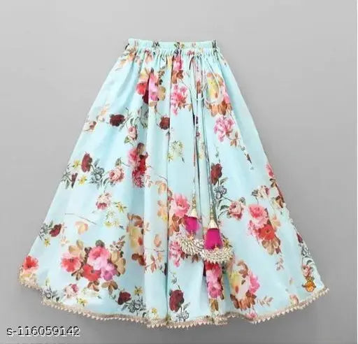 Chambray-and-cotton-blend printed lehenga set with net dupatta, sleeveless and floral patterned, ideal for kids' festive wear (sizes 2-11 years)