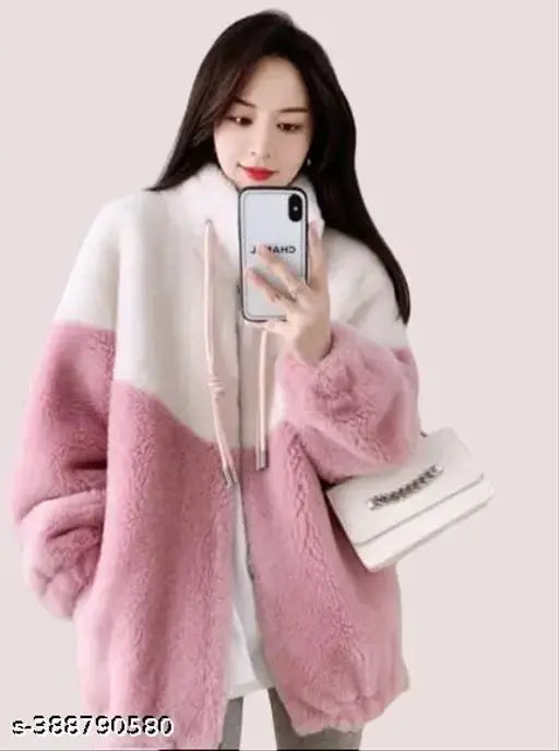 Colorblocked wool pink long Doori LC with long sleeves, India-made ladies wear for sizes M, L, XL, XXL