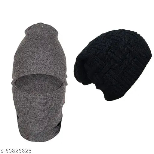 Black and Grey Wool Men's Beanie Cap & Monkey Cap Combo - Indian handcrafted winter wear