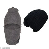 Black and Grey Wool Men's Beanie Cap & Monkey Cap Combo - Indian handcrafted winter wear