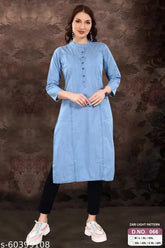 Denim pocket kurti for women and girls, solid denim fabric, three-quarter sleeves, made by Salwa Brand, available in multiple sizes