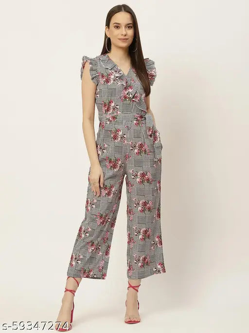 Sleeveless poly crepe floral print jumpsuit, vibrant design for women's fashion, India origin