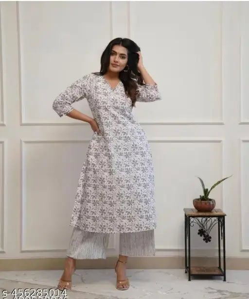 Grey floral printed rayon Kurta & pants set for women, A-line fit, three-quarter sleeves, casual everyday wear