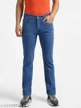 High-quality solid light blue denim jeans for men by Urbano Fashion. Affordable and comfortable with button & zipper fly closure, suitable for casual or formal occasions. Available in sizes 30, 32, 34, 36, 38, 40 (waist: 30-48 in, length: 34 in, hip: 38-48 in). Made in India