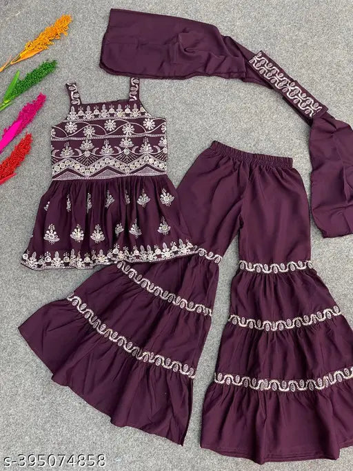 Embroidered kids girls Kurta & Sharara Set, A-line crepe top with dupatta, size 7-8 years