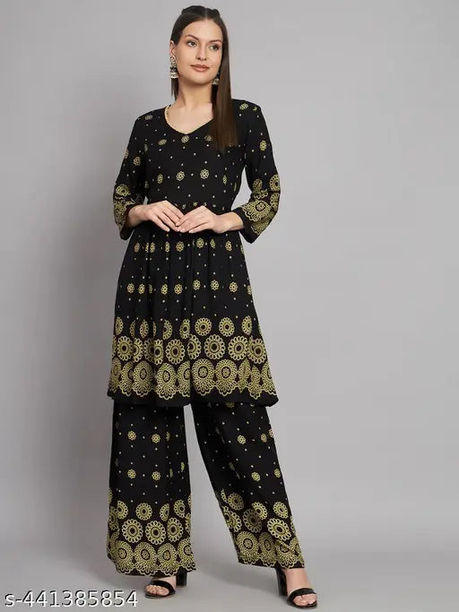 Floral printed rayon A-Line Kurta with palazzos, intricate Adda handwork and bead embellishments, suitable for casual/party occasions