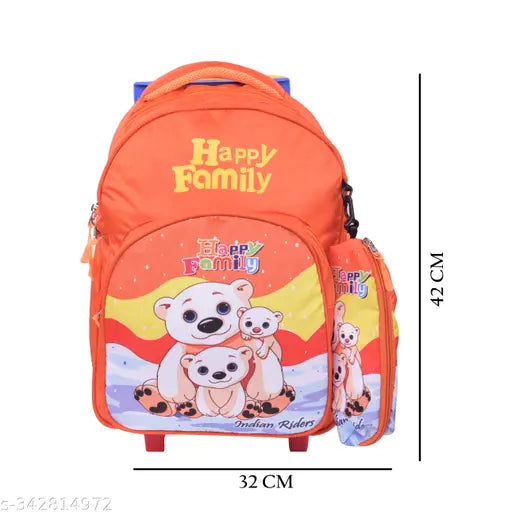 Orange polyester net Indian Riders Ice Bear Happy Family Kids School Travel Trolley Bag, waterproof and durable with adjustable padded shoulder straps, suitable for children aged 2-8, holds A4 notebooks, quality zippers, stylish pullers