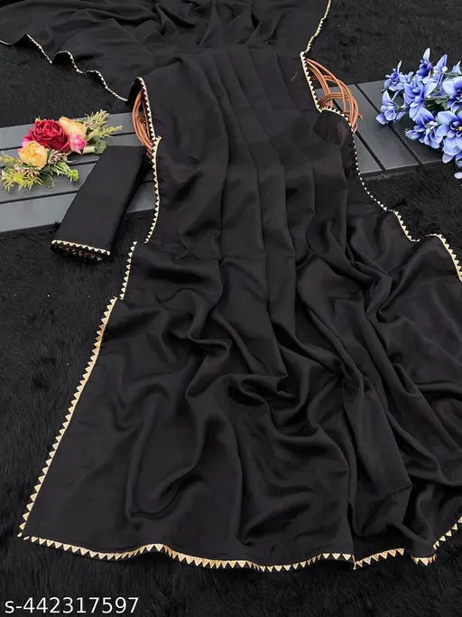 Vichitra Silk party saree with brocade blouse, Indian wedding and event wear, free size (5.5m/5.3m)