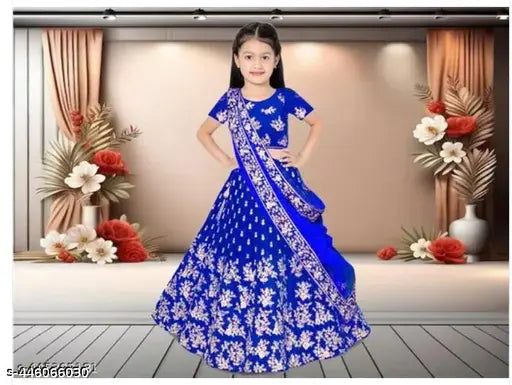 Exquisite embroidered Kids Lengha Choli, acrylic top and taffeta silk dupatta, short sleeves, 1 set available in various sizes