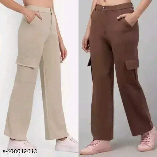 Solid cotton-lycra cargo pants, four pockets for women's fashionable casual or formal wear, featuring belt loops and a front fly, Indian origin