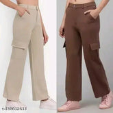Solid cotton-lycra cargo pants, four pockets for women's fashionable casual or formal wear, featuring belt loops and a front fly, Indian origin
