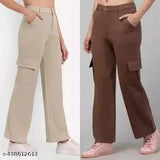 Solid cotton-lycra cargo pants, four pockets for women's fashionable casual or formal wear, featuring belt loops and a front fly, Indian origin
