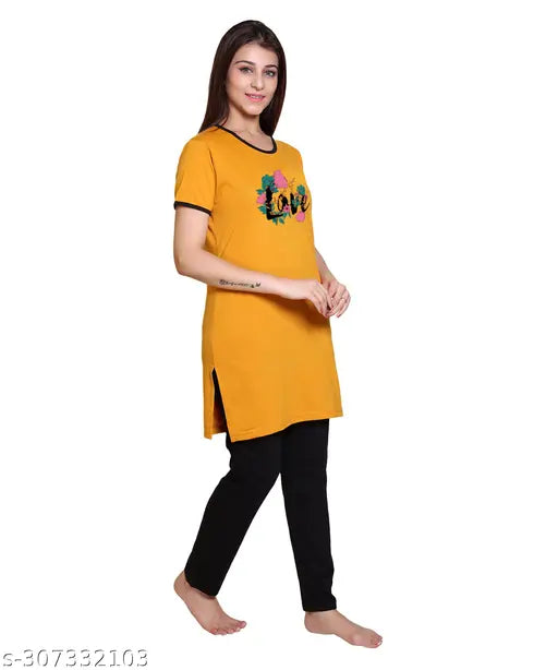 AZF Summer nightwear: Women's & Girls' lightweight, breathable cotton-blend round neck chest print nightsuits for summer, perfect for leggings and tight jeans