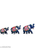 Blue resin elephant statue set of 3 for home decoration by SJC, featuring small (8x5.5 cm), medium (8x7 cm), and large (10x8 cm) sizes from India