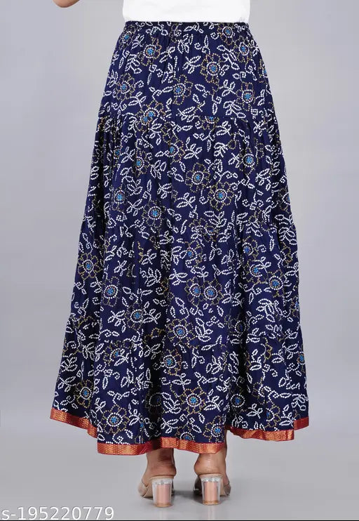 Blue printed rayon long skirt for women, featuring a comfortable fit and beautiful design. Available in sizes M, L, XL, XXL, XXXL & Free Size