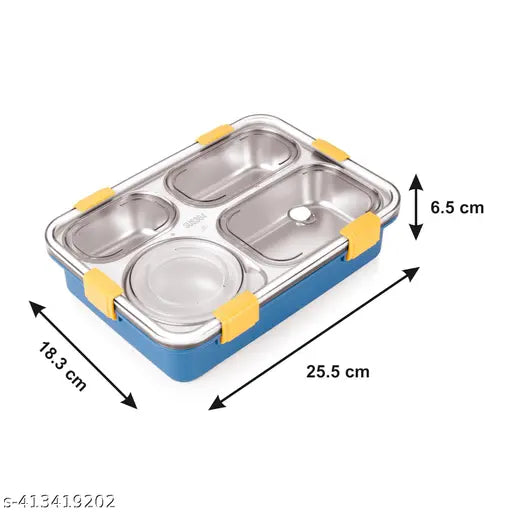 Stainless Steel 4-Compartment Lunch Box - Durable BPA-Free Blue, Perfect for On-The-Go Meals (1.3L) with Spoon & Fork, Leak-Proof and Microwave Safe